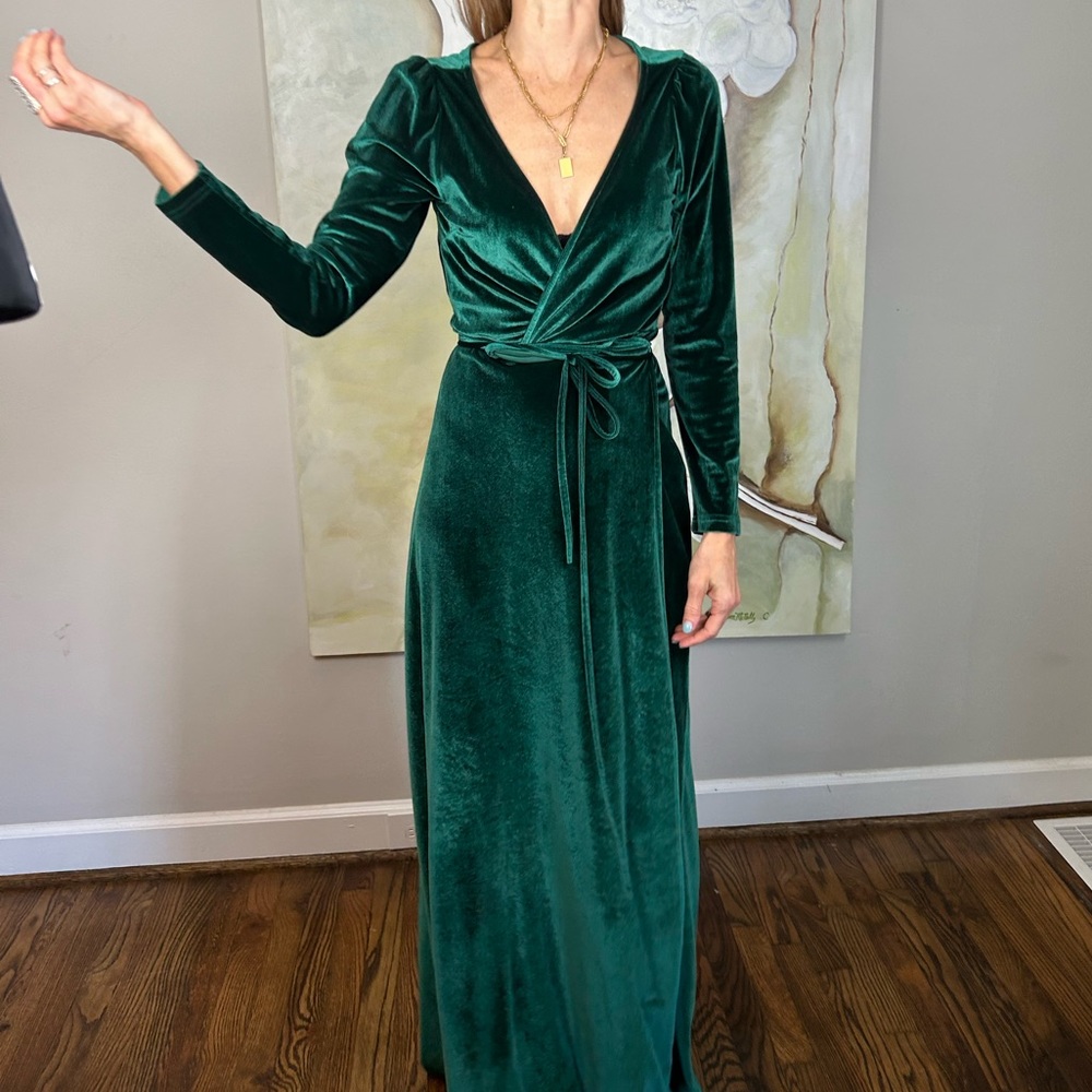 Green velvet wrap dress.